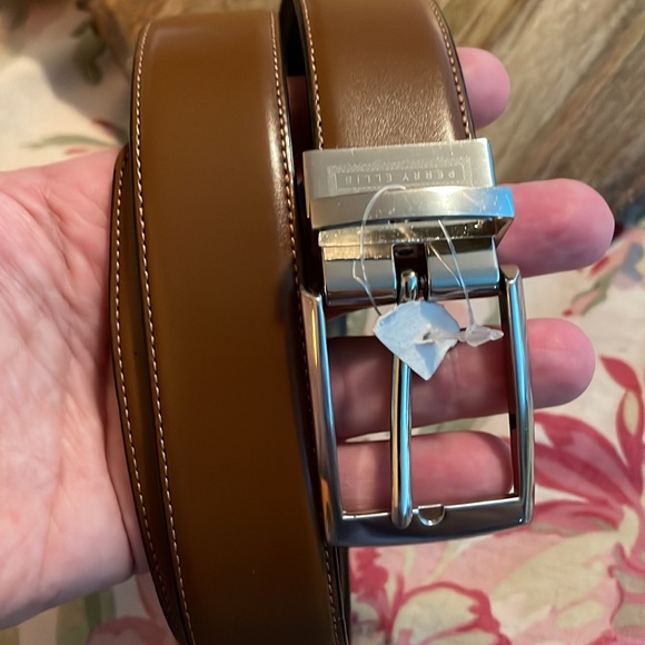 PERRY ELLIS Size W 32-38” Bonded Leather Belt Square Bright Silver Brown $49 NEW - Picture 9 of 13
